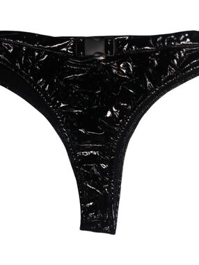 iHeartRaves Shiny Black Patent Thong With Buckle Rave Costume Size L